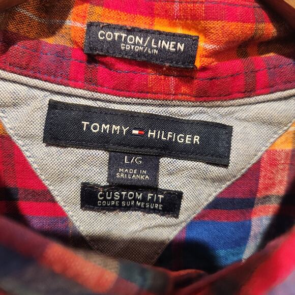 Tommy Hilfiger Mens Linen Red Blue Plaid Custom Fit Button Up Shirt Size Large - Picture 4 of 10